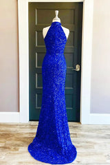 Bridesmaids Dresses For Beach Wedding, Sequins High Neck Royal Blue Long Party Dress with Slit