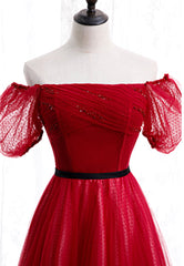 Sweet 28 Dress, Red Tulle Long Prom Dresses, A-Line Off the Shoulder Evening Dresses