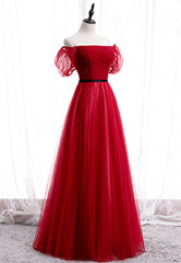 Light Blue Prom Dress, Red Tulle Long Prom Dresses, A-Line Off the Shoulder Evening Dresses