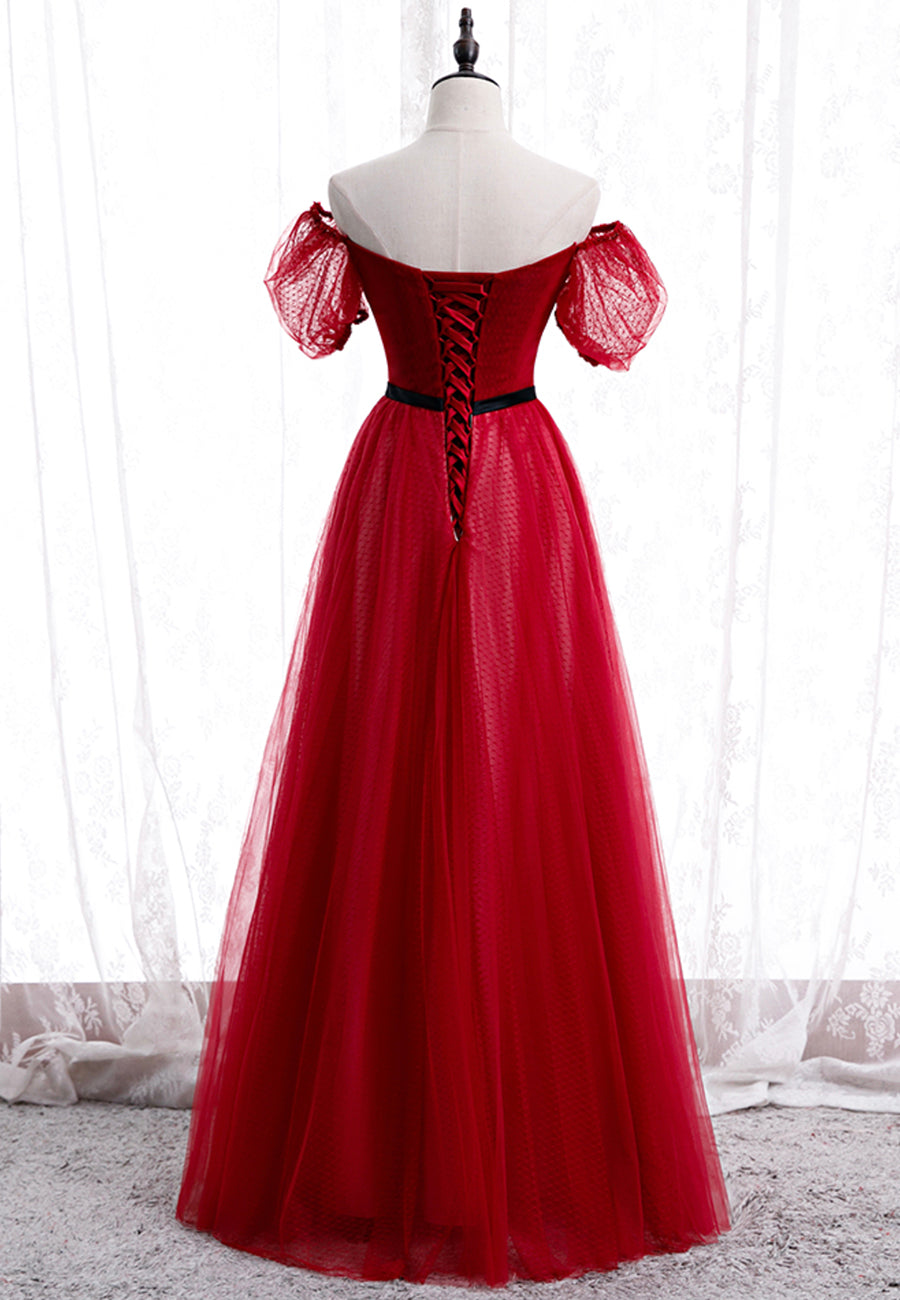 Silk Dress, Red Tulle Long Prom Dresses, A-Line Off the Shoulder Evening Dresses