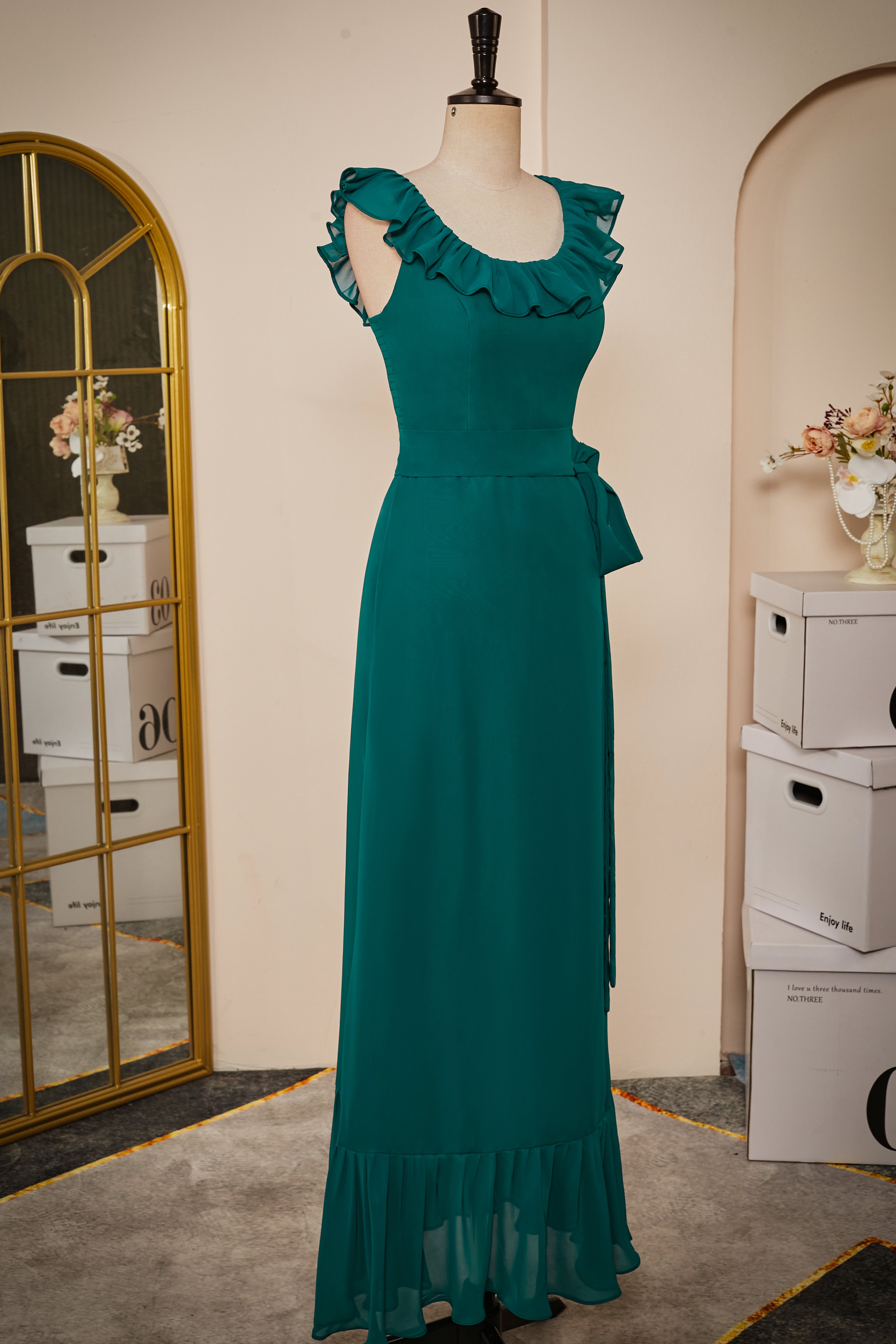 Bridesmaid Dresses 2028, Ruffled Crew Neck Emerald Chiffon Midi Bridesmaid Dress