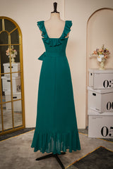 Bridesmaid Dress Shops, Ruffled Crew Neck Emerald Chiffon Midi Bridesmaid Dress