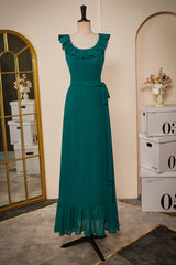 Bridesmaid Dresses Green, Ruffled Crew Neck Emerald Chiffon Midi Bridesmaid Dress