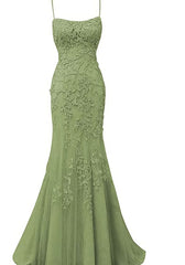 Homecoming Dresses Short Prom, Sage Green Lace Appliques Dresses Long Prom Dress Mermaid Spaghetti Straps Evening Dress