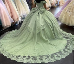 Evening Dress Styles, Sage Green Princess Quinceanera Dresses Applique Off Shoulder Sweet 16 Dress