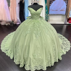 Evening Dress Style, Sage Green Princess Quinceanera Dresses Applique Off Shoulder Sweet 16 Dress