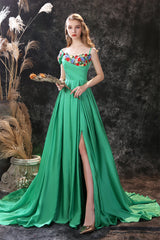 Evening Dress Maxi Long Sleeve, Satin Floral Applique High Split A Line Court Train Prom Dresses