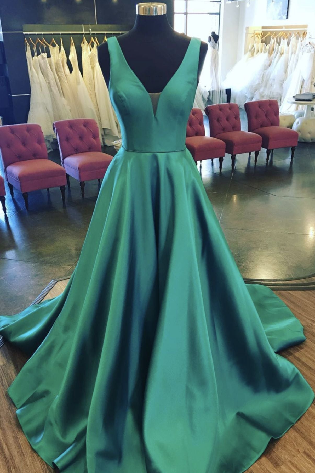 Party Dress Night, Satin Green Prom Dress,Long Evening Dress,Birthday Party Gown Long, V Neck Back to School