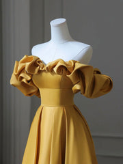 Party Dress Aesthetic, Satin Yellow Long Prom Dress, Aline Formal Yellow Graduation Party Dress