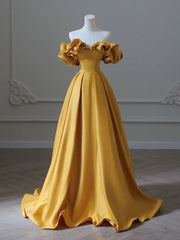 Party Dress For Night, Satin Yellow Long Prom Dress, Aline Formal Yellow Graduation Party Dress