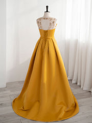 Party Dresses 2025, Scoop Neckline Satin Yellow Long Prom Dresses, Yellow Formal with Beading Sequin