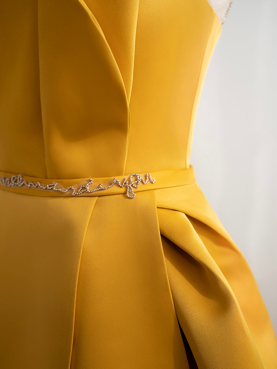 Party Dresses 2023, Scoop Neckline Satin Yellow Long Prom Dresses, Yellow Formal with Beading Sequin