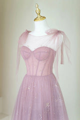 Prom Dress Classy, Scoop Neckline Tulle Pink Long Prom Dress, Cute A-Line Evening Party Dress