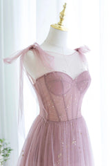 Prom Dress Types, Scoop Neckline Tulle Pink Long Prom Dress, Cute A-Line Evening Party Dress