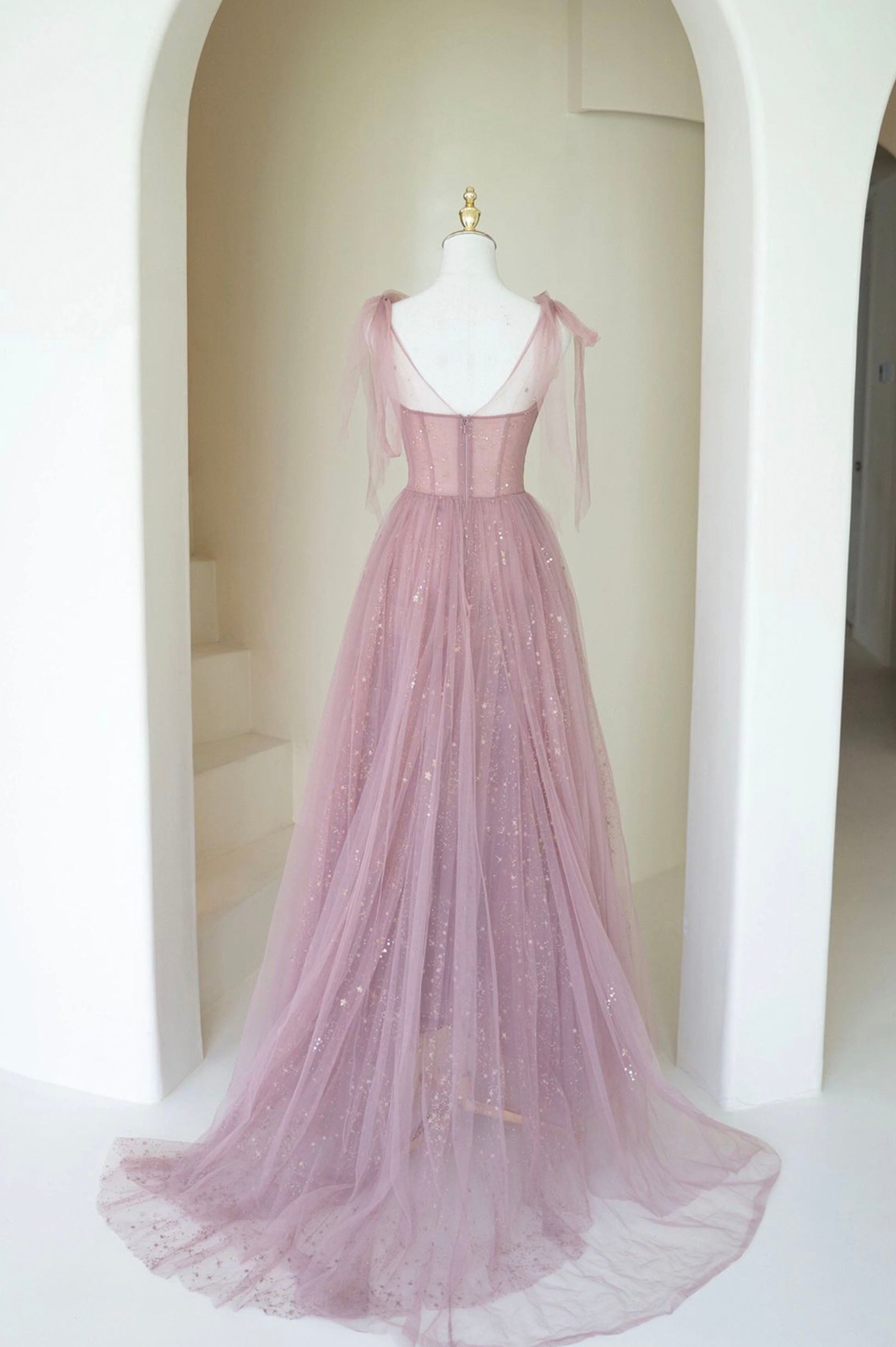 Prom Dress Type, Scoop Neckline Tulle Pink Long Prom Dress, Cute A-Line Evening Party Dress