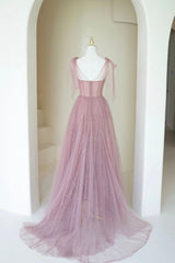 Prom Dress Type, Scoop Neckline Tulle Pink Long Prom Dress, Cute A-Line Evening Party Dress