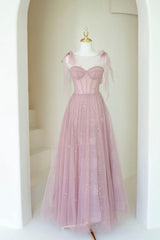 Prom Dresses Beautiful, Scoop Neckline Tulle Pink Long Prom Dress, Cute A-Line Evening Party Dress