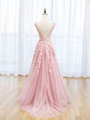 Party Dress Idea, Scoop Neckline Tulle Pink Long Prom Dress, Pink Backless Evening Dresses