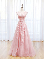 Party Dresses Cheap, Scoop Neckline Tulle Pink Long Prom Dress, Pink Backless Evening Dresses