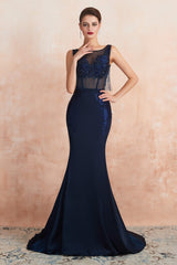 Party Dress Size 174, See-Through Tassel Mermaid Beaded Navy Blue Prom Dresses