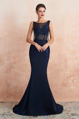 Party Dress Size 178, See-Through Tassel Mermaid Beaded Navy Blue Prom Dresses