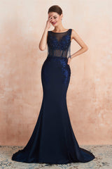 Party Dresses Size 38, See-Through Tassel Mermaid Beaded Navy Blue Prom Dresses
