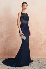 Party Dress Lace, See-Through Tassel Mermaid Beaded Navy Blue Prom Dresses
