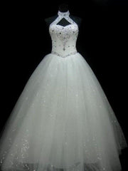 Wedding Dresses Nearby, Sequin Ball Gown Sleeveless Floor Length Beading Tulle Halter Wedding Dresses