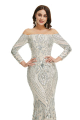 Formal Dresses Nearby, Sequins Mermaid Long Sleeves Off the Shoulder Evening Dresses