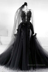 Prom Dresse Long, Sexy Backless Appliques Black Lace Long Prom Dress, Black Lace Formal Dress, Black Evening Dress