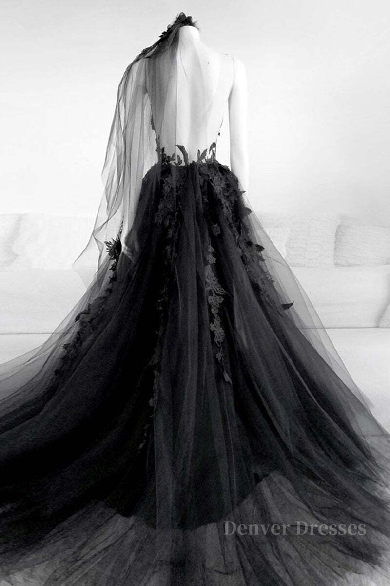 Prom Dressed Long, Sexy Backless Appliques Black Lace Long Prom Dress, Black Lace Formal Dress, Black Evening Dress