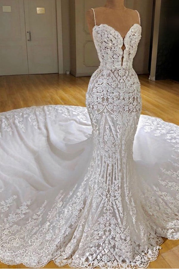 Wedding Dress Sale, Sexy Long Mermaid V-neck Spaghetti Straps Appliques Lace Wedding Dress