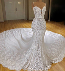 Wedding Dress Different, Sexy Long Mermaid V-neck Spaghetti Straps Appliques Lace Wedding Dress