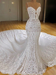 Wedding Dress Elegant, Sexy Long Mermaid V-neck Spaghetti Straps Appliques Lace Wedding Dress