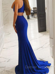 Stunning Dress, Sheath/Column Halter Sweep Train Jersey Prom Dresses With Leg Slit