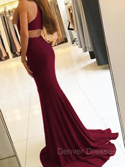 Princess Prom Dress, Sheath/Column Halter Sweep Train Jersey Prom Dresses With Leg Slit