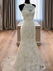 Wedding Dress Budget, Sheath/Column Halter Sweep Train Lace Wedding Dresses