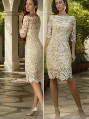 Evening Dress Shops, Sheath/Column Off-the-Shoulder Knee-Length Lace Mother of the Bride Dresses With Appliques Lace