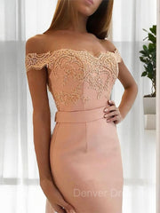 Prom Dress Gold, Sheath/Column Off-the-Shoulder Sweep Train Stretch Crepe Evening Dresses With Appliques Lace