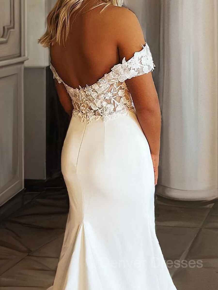 Wedding Dresse Vintage, Sheath/Column Off-the-Shoulder Sweep Train Stretch Crepe Wedding Dresses With Appliques Lace