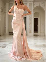 Formal Dresses Long Elegant Classy, Sheath/Column One-Shoulder Sweep Train Silk like Satin Prom Dresses With Ruffles