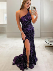 Evening Dresses Ball Gown, Sheath/Column One-Shoulder Sweep Train Velvet Sequins Evening Dresses With Leg Slit