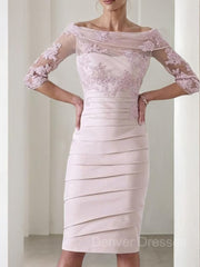 Party Dress Online, Sheath/Column Scoop Knee-Length Satin Mother of the Bride Dresses With Appliques Lace