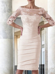 Party Dress 2041, Sheath/Column Scoop Knee-Length Satin Mother of the Bride Dresses With Appliques Lace