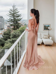 Homecoming Dresses Formal, Sheath/Column Spaghetti Straps Floor-Length Silk like Satin Evening Dresses With Leg Slit