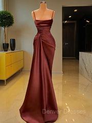 Party Fitness, Sheath/Column Spaghetti Straps Floor-Length Elastic Woven Satin Prom Dresses With Ruffles