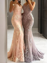 Homecoming Dress Shopping, Sheath/Column Spaghetti Straps Sweep Train Tulle Evening Dresses With Appliques Lace