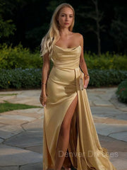 Evening Dresses For Over 67S, Sheath/Column Strapless Sweep Train Elastic Woven Satin Prom Dresses With Leg Slit