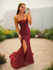 Bridesmaid Dresses Blues, Sheath/Column Strapless Sweep Train Stretch Crepe Evening Dresses With Leg Slit