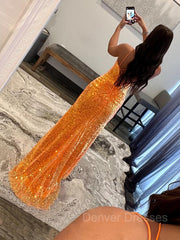 Summer Wedding Color, Sheath/Column V-neck Sweep Train Sequins Prom Dresses With Leg Slit